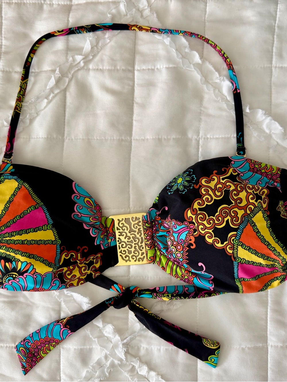 Trina Turk Black Multicolor Paisley Bandeau Bikini Top with Gold Accent